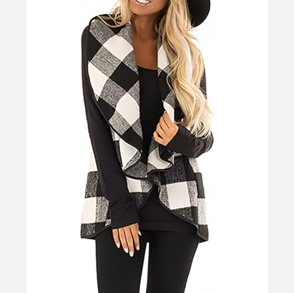 Sleeveless Knit Plaid Cardigan Lightweight Open Front Draped Long Vest Fashion
